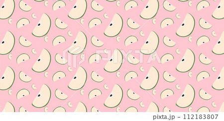 Vector seamless pattern with Apples on Pink background. Fruit Slices of varieties, cripps pink, empire, fuji, gala, golden, granny smith. Fresh and Healthy template for Textile, Wrapping paper, Decor. 112183807