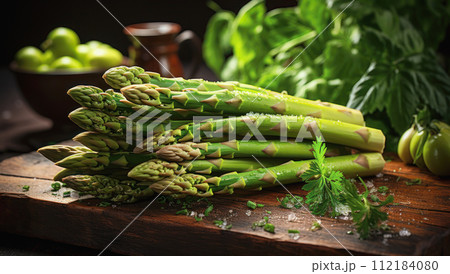 Fresh green asparagus and organic vegetables on a rustic old wooden table 112184080