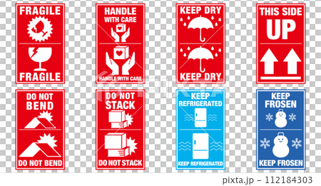Warning stickers for home delivery packages, handling precautions, fold-and-stick type, variation set Warning stickers for home delivery packages, handling precautions, fold-and-stick type, variation set 112184303