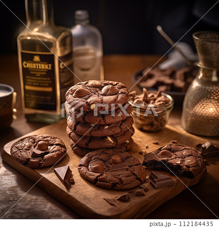 Chocolate chip cookies scattered with chocolate morsels on dark background 112184435