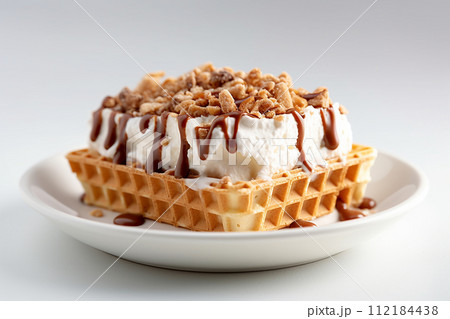 Close up Vanilla ice cream on waffles drizzled with caramel sauce and nuts. 112184438