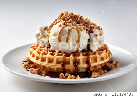 Close up Vanilla ice cream on waffles drizzled with caramel sauce and nuts. 112184439