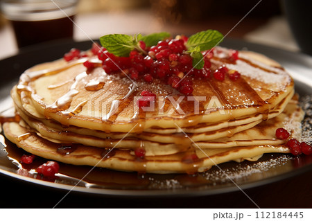 Stack of pancakes topped with blackberry maple syrup and fresh blackberries. 112184445