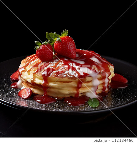 Stack of pancakes drizzled with chocolate syrup and strawberries topping Stack of pancakes drizzled with chocolate syrup and strawberries topping 112184460