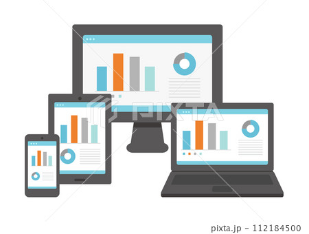 パソコン・ノートパソコン・タブレット・スマホ・モニターのグラフイラストセット 112184500