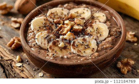AI-generated content. A comforting bowl of oatmeal with bananas and walnuts, a delicious dish made with superfood ingredients, served on a wooden table AI-generated content. A comforting bowl of oatmeal with bananas and walnuts, a delicious dish made with superfood ingredients, served on a wooden table 112184769