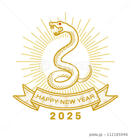 牙を向く白蛇と光輪　英語賀詞 - 2025年　巳年　年賀状素材 112185048