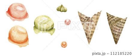 Ice cream watercolor set with waffle cones, colorful ice cream balls : green pistachio, orange and pink strawberry balls,candies and sweet for top decoration. Elements for summer, beach, product Ice cream watercolor set with waffle cones, colorful ice cream balls : green pistachio, orange and pink strawberry balls,candies and sweet for top decoration. Elements for summer, beach, product 112185220