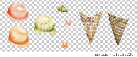 Ice cream watercolor set with waffle cones, colorful ice cream balls : green pistachio, orange and pink strawberry balls,candies and sweet for top decoration. Elements for summer, beach, product Ice cream watercolor set with waffle cones, colorful ice cream balls : green pistachio, orange and pink strawberry balls,candies and sweet for top decoration. Elements for summer, beach, product 112185220