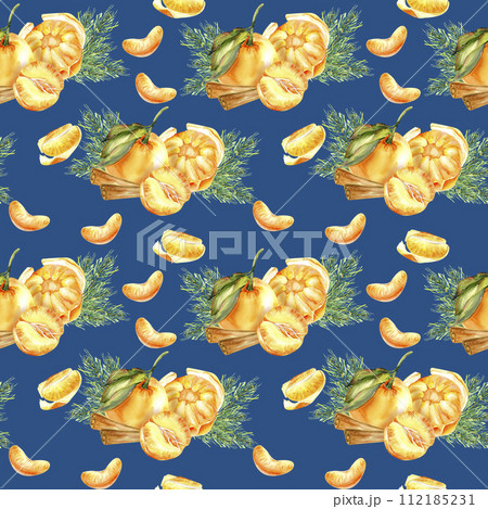 Watercolor Christmas orange tangerines seamless pattern on dark blue background. Hand drawn background with winter citrus fruits and pine branch for packing, label, logo design 112185231