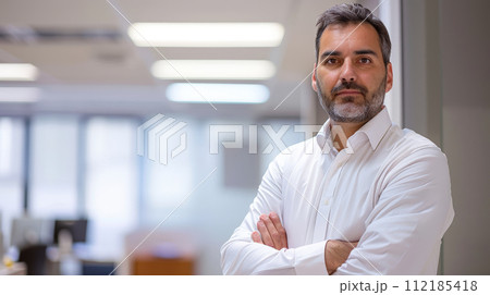 Portrait of a successful  businessman with confident and friendly facial expression and his arms crossed in front of blurred office background. Generative AI 112185418