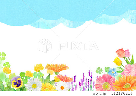 カラフルな花畑の背景素材　水彩イラスト 112186219