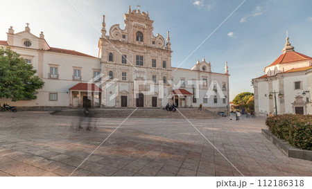 Panorama showing Sa da Bandeira Square with a view of the Santarem See Cathedral timelapse. Portugal 112186318