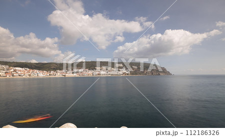 Panorama showing view of Sesimbra Town and Port timelapse, Portugal. 112186326