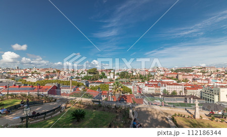 Panorama showing aerial view over the center of Lisbon timelapse from Miradouro de Sao Pedro de Alcantara 112186344