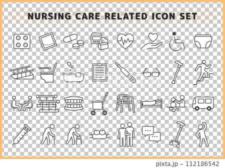 Nursing care supplies and welfare related icon material set 112186542