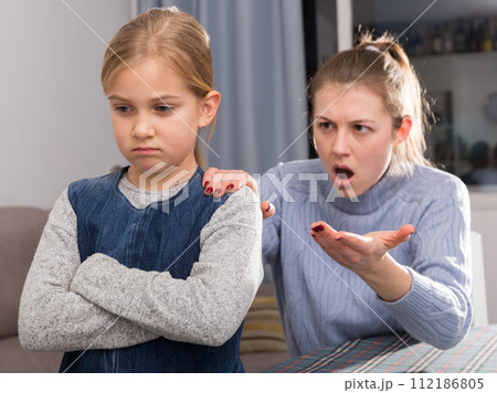 Mom scolds little daughter. Crisis of motherhood Mom scolds little daughter. Crisis of motherhood 112186805
