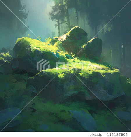 【AI生成画像・AIイラスト】霧に包まれた森と苔生した岩 112187602
