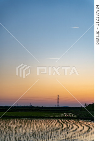【庄内の風景】夕陽のと鉄塔の見える田園風景(庄内町) 【庄内の風景】夕陽のと鉄塔の見える田園風景(庄内町) 112187884