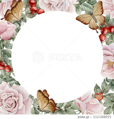 Frame of pink rose hip flowers with buds, leaves, red berries and butterflies. Floral watercolor illustration hand painted isolated on white background. Perfect for invitation, greeting cards, posters 112188055