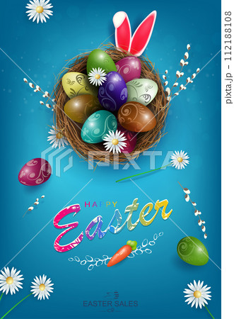 Easter blue composition, wonderful nest with eggs and bunny ears 112188108