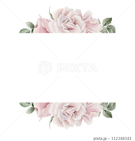 Frame of pink rose hip flowers with leaves, Victorian style rose. Floral watercolor illustration hand painted isolated on white background. Perfect for invitation, greeting cards, posters, labels, wal Frame of pink rose hip flowers with leaves, Victorian style rose. Floral watercolor illustration hand painted isolated on white background. Perfect for invitation, greeting cards, posters, labels, wal 112188181
