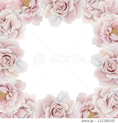 Frame of pink rose hip flowers. Victorian style rose. Floral watercolor illustration hand painted isolated on white background. Perfect for invitation, greeting cards, posters, labels, wallpapers, wra 112188185