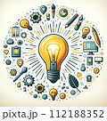 アイデア発想の電球イラスト: 明るく光る電球を中心に、周囲にはアイデアを象徴する小さなアイコン 112188352