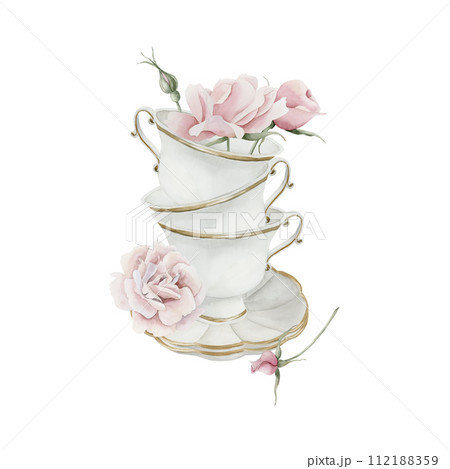 Composition of three white porcelain tea cups and saucers with gilded rim and pink rose hip flowers. Victorian style. Watercolor illustration hand painted isolated on white background. Perfect for inv 112188359