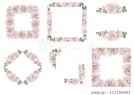 Set of frames of pink rose hip flowers with leaves, Victorian style rose. Floral watercolor illustration hand painted isolated on white background. Perfect for invitation, greeting cards, posters, lab Set of frames of pink rose hip flowers with leaves, Victorian style rose. Floral watercolor illustration hand painted isolated on white background. Perfect for invitation, greeting cards, posters, lab 112188401