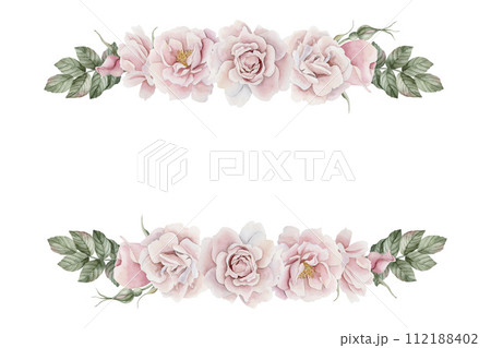Horizontal frame of pink rose hip flowers with leaves, Victorian style. Floral watercolor illustration hand painted isolated on white background. Perfect for invitation, greeting cards, posters, label Horizontal frame of pink rose hip flowers with leaves, Victorian style. Floral watercolor illustration hand painted isolated on white background. Perfect for invitation, greeting cards, posters, label 112188402