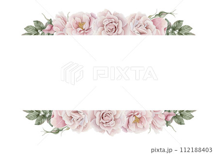 Horizontal frame of pink rose hip flowers with leaves, Victorian style. Floral watercolor illustration hand painted isolated on white background. Perfect for invitation, greeting cards, posters, label 112188403