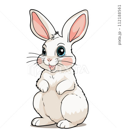 Cute sitting baby bunny with legs tucked in, vector illustration for Easter hunt, wild forest animal, color isolated linear illustration. White Toy rabbit. Cute sitting baby bunny with legs tucked in, vector illustration for Easter hunt, wild forest animal, color isolated linear illustration. White Toy rabbit. 112188561