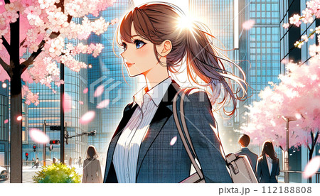 都会のアスピレーション_新卒女性社員の希望に満ちた新しいスタート_イラスト 112188808