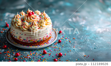 Pastel happy birthday cake against a blue background ,AI generated 112189026