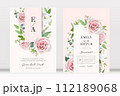 Elegant spring summer floral watercolor wedding invite, save the date card design. Dusty pink rose, lisanthus, jasmine flowers, greenery eucalyptus leaves, seeds vector illustration. Editable template 112189068