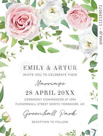 Spring, summer wedding invite design. Elegant watercolor floral save the date card template. Pink, white roses, green eucalyptus branches, leaves, seeds bouquet frame. Editable vector art illustration Spring, summer wedding invite design. Elegant watercolor floral save the date card template. Pink, white roses, green eucalyptus branches, leaves, seeds bouquet frame. Editable vector art illustration 112189072