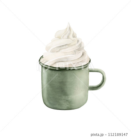 Green mug with white cream. Watercolor illustration isolated on white background for winter holidays design. Green mug with white cream. Watercolor illustration isolated on white background for winter holidays design. 112189147