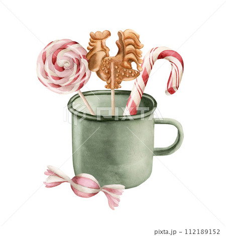 Christmas candy canes and lollipops in a green mug. Watercolor illustration isolated on white background for winter holidays design. Christmas candy canes and lollipops in a green mug. Watercolor illustration isolated on white background for winter holidays design. 112189152