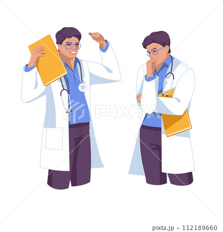 The male doctor is in two different poses: pondering and finding a solution. Vector flat illustration 112189660
