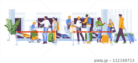 Baggage drop-off at the airport. Service scene with various characters. Vector flat illustration. Travel by plane. 112189713