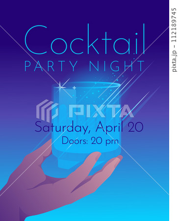 Cocktail party night poster. Advertisement of club life. Hand with cocktail. Neon gradient. Vector illustration Cocktail party night poster. Advertisement of club life. Hand with cocktail. Neon gradient. Vector illustration 112189745