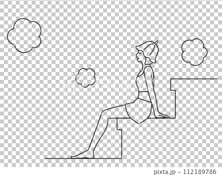 Line drawing of a woman entering a sauna 112189786
