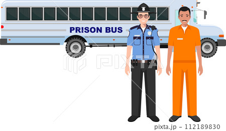 Standing American Policeman Sheriff Officer in Uniform and Prisoner Person in Traditional in Prison Clothes Character Icon in Flat Style. Vector Illustration. Standing American Policeman Sheriff Officer in Uniform and Prisoner Person in Traditional in Prison Clothes Character Icon in Flat Style. Vector Illustration. 112189830