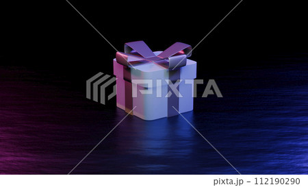 Greeting card with gift box, neon lighting, 3d render 112190290