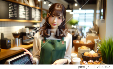 AI生成画像：カフェでバイトをする女の子 112190402