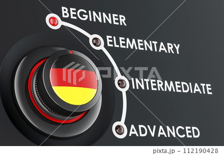 German levels, learning and improvement German language, concept with scale knob. 3D rendering 112190428