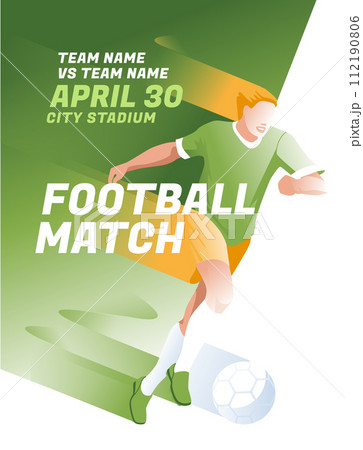 Football and soccer poster design. Inscriptions and the athlete. School, match and sports competitions. Vector flat illustration Football and soccer poster design. Inscriptions and the athlete. School, match and sports competitions. Vector flat illustration 112190806
