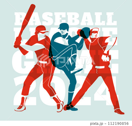 Baseball players in sports uniforms in various poses on the background of large text. Advertisement of matches, competitions, sports clubs. Vector flat illustration 112190856