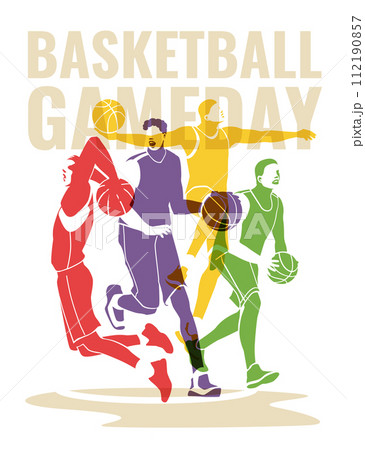 Four basketball athletes in motion poses. Colorful silhouettes. Professional match poster flyer design. vector flat illustration 112190857